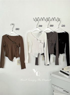 VQ不规则废土风长袖t恤2024秋季新款v领显瘦复古辣妹短款时尚上衣