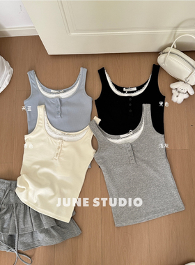 June韩系甜美假两件蕾丝花边无袖外穿背心女2025夏季新款短款上衣