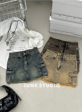 美式复古毛边牛仔半身裙女新款夏季辣妹高腰显瘦防走光a字超短裙
