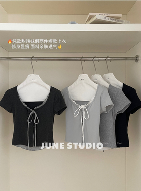 June假两件撞色短袖女t恤夏2025新款小个子设计感小众修身上衣