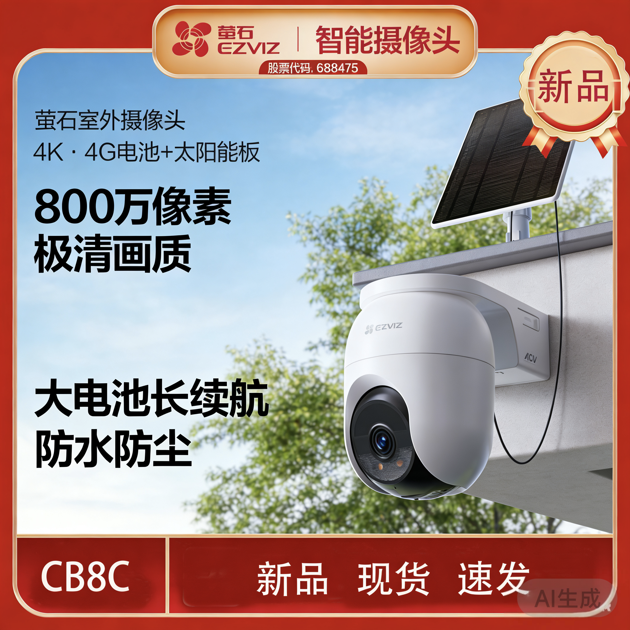 萤石CB8C 4G800万免充值终身流量全彩智能摄像头家用远程夜视监控