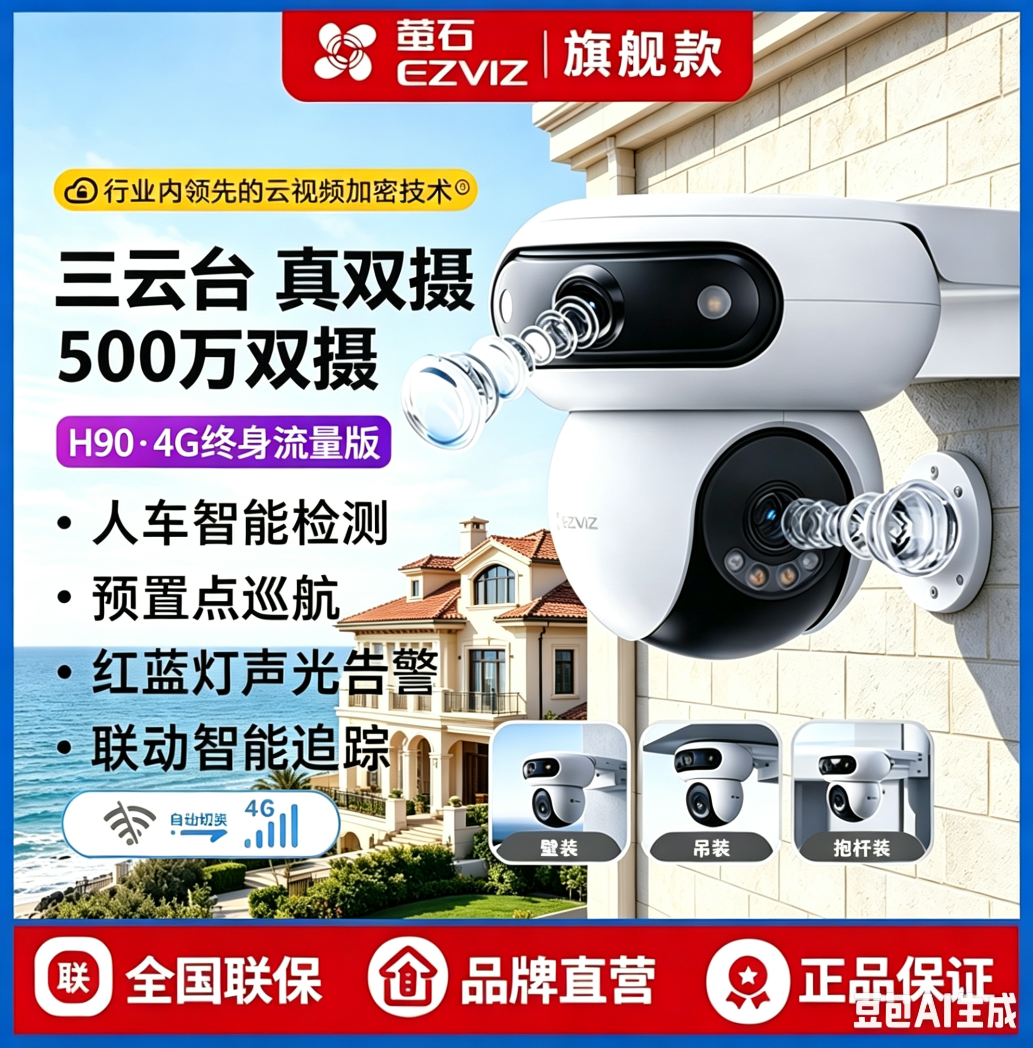 萤石H90 500W双摄4G双模终身流量全彩夜视智能手机远程监控摄像头