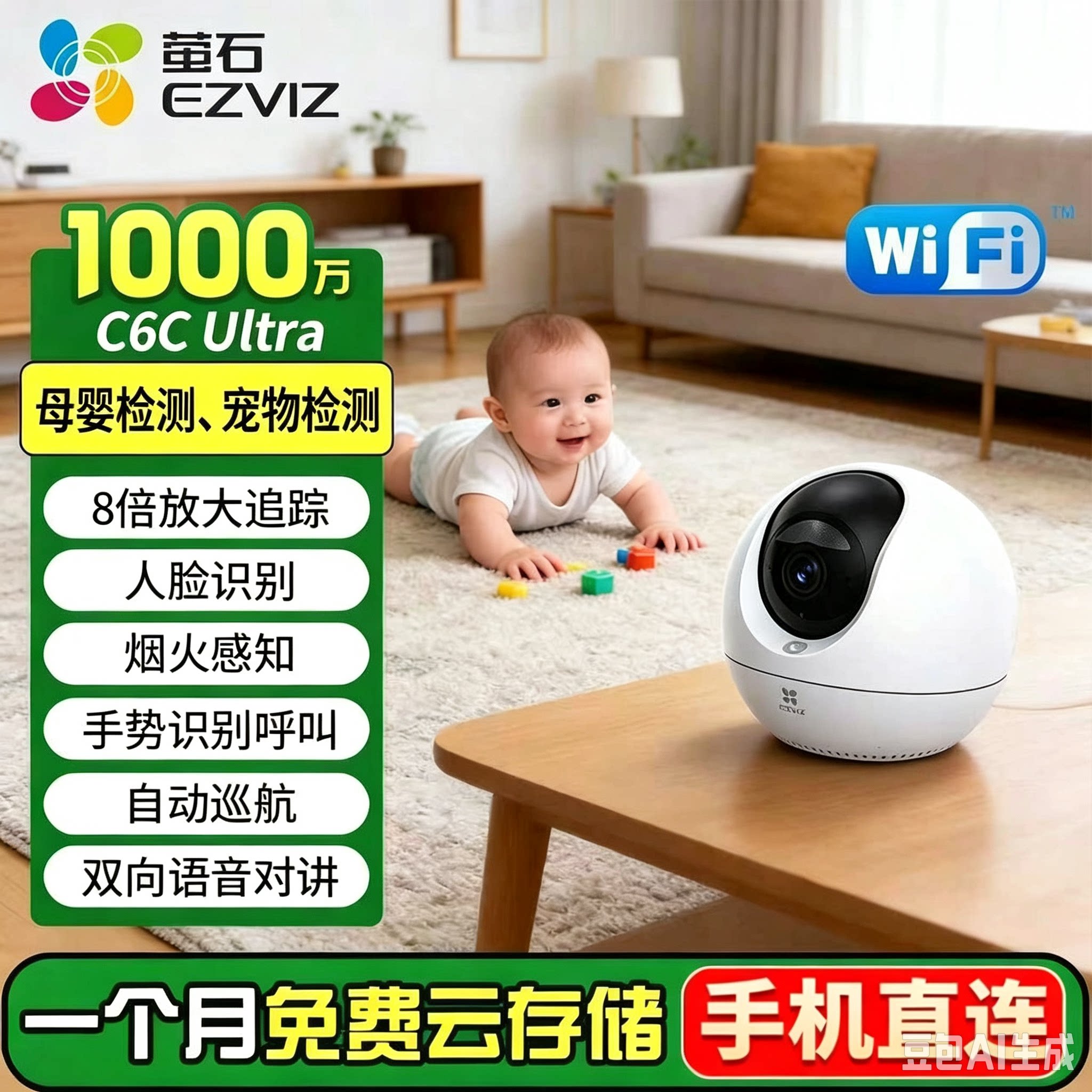 萤石C6C Ultra 1000万AI智能全彩摄像头家用手机远程监控精灵球