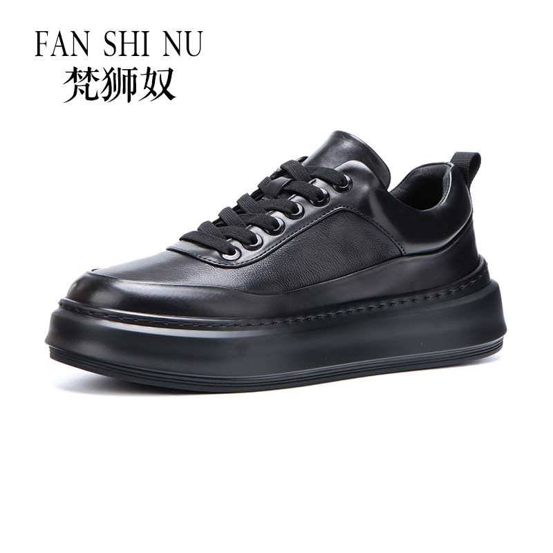 梵狮奴时尚黑色头层牛皮英伦男士增高轻便厚底百搭潮流休闲板鞋男