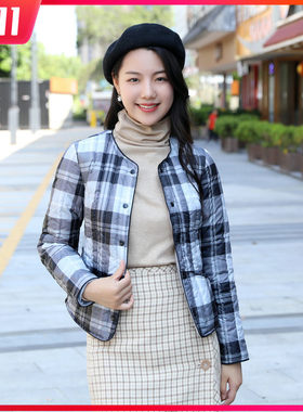 女士棉内胆长袖小棉衣短款格子保暖丝棉大码圆领内穿羽绒棉小棉袄
