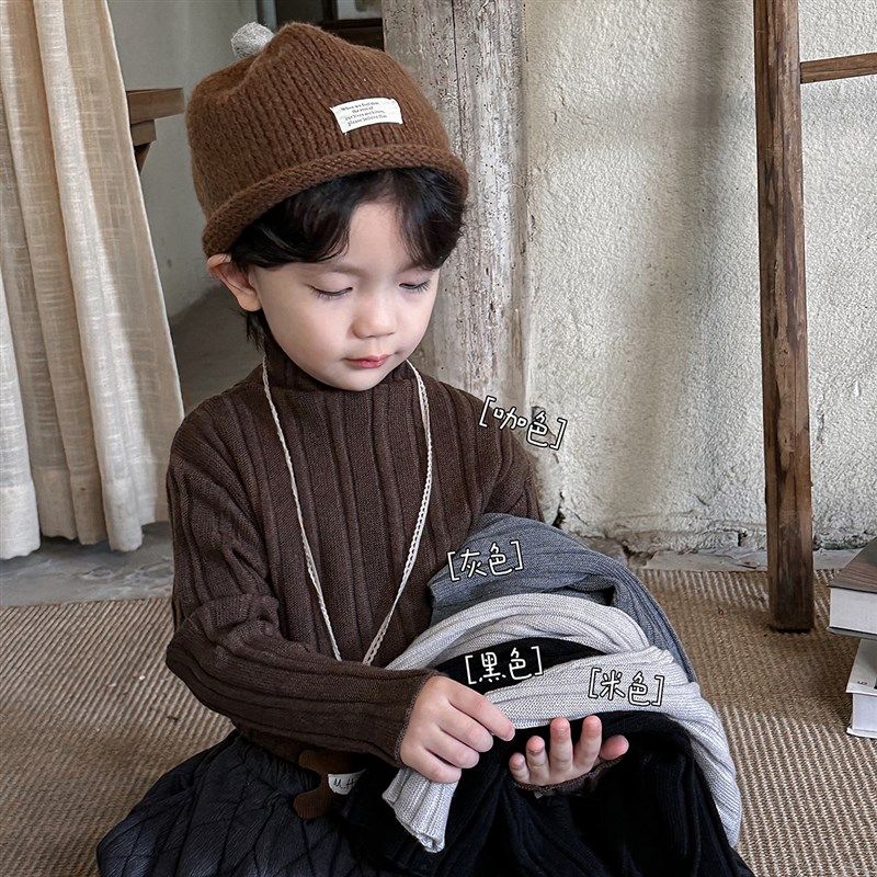 暮晨家早春新款2025男童半高领坑条毛衣中小童加厚保暖内搭打底衫