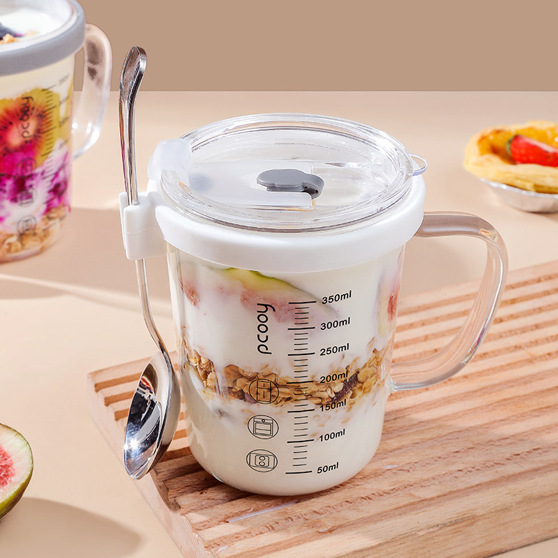 麦片早餐杯带盖勺隔夜燕麦杯带刻度牛奶杯微波炉可加热沙拉玻璃杯