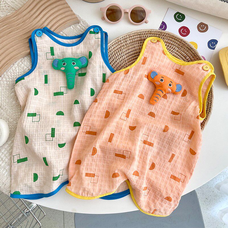 夏季新款女大象卡通可爱薄款透气宝宝无袖三角爬服婴儿连体衣男童