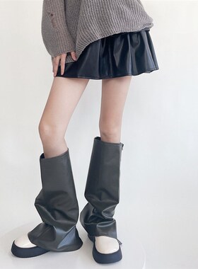 仿皮革黑色拉链袜套阔腿暗绿Y2K千禧辣妹腿套韩版ins工装机车秋冬