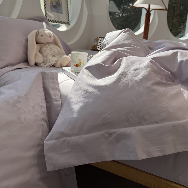 奶油风100支提花简约烟紫床上四件套1.5m1.8全棉床单被套裸睡丝滑
