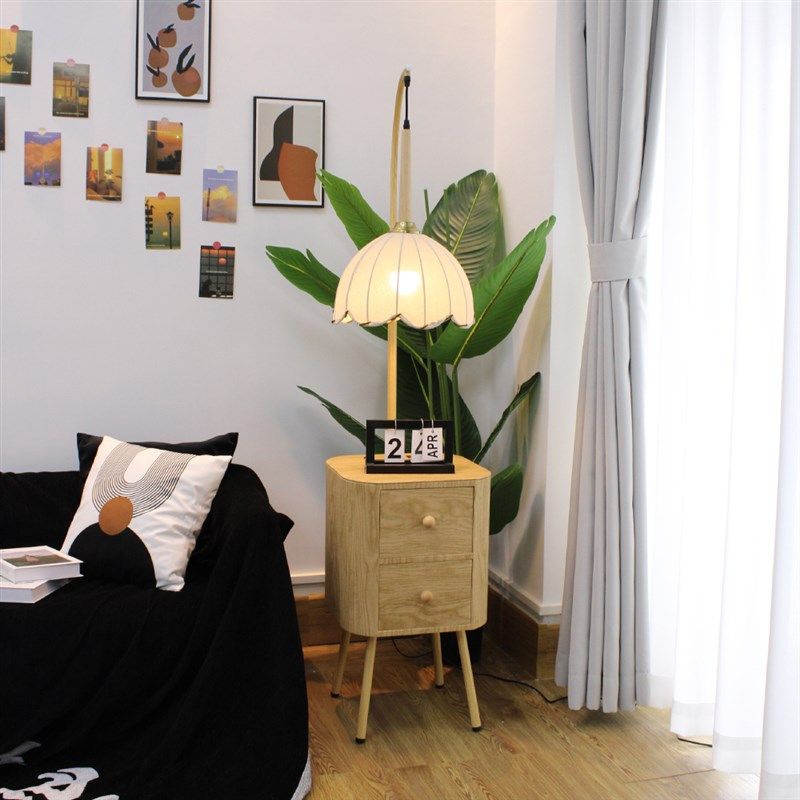 奶油风原木色落地灯客厅沙发边几置物架一体卧室床头柜氛围台灯