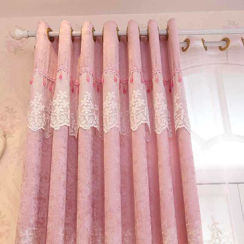 定制韩式公主风遮光窗帘粉色加厚立体刺绣花婚房布料成品客厅卧室