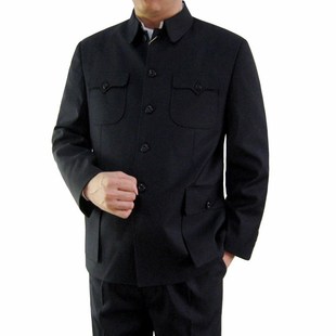 爸爸装中老年中山装加绒加厚毛氏哔叽中山装藏蓝色父亲套装