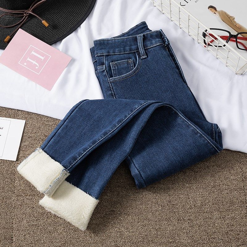 秋冬浅蓝色薄绒八分牛仔小脚裤女紧身裤加绒显瘦小个子深色九分裤
