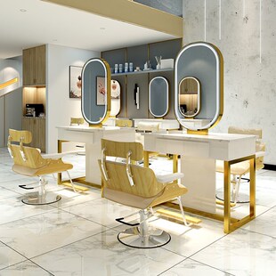 网红理发店镜台柜子一体美发店y大理石台面剪发镜子带led灯双面镜