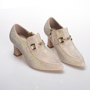米色尖头粗跟深口单鞋春秋水满钻高跟高端M新娘喜妈妈婚宴鞋六厘