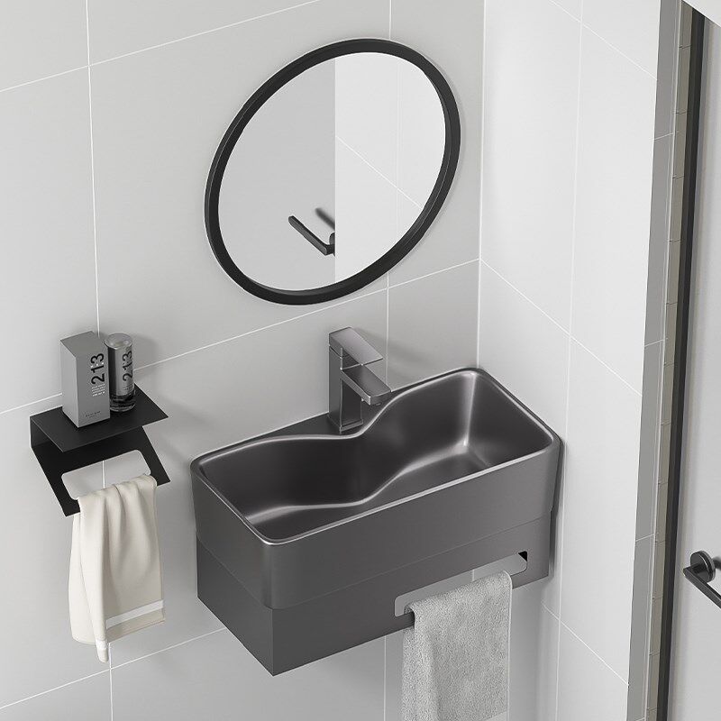 枪灰色阳台挂墙式洗手盆卫生间一体陶瓷洗脸盆不锈钢支架洗漱台