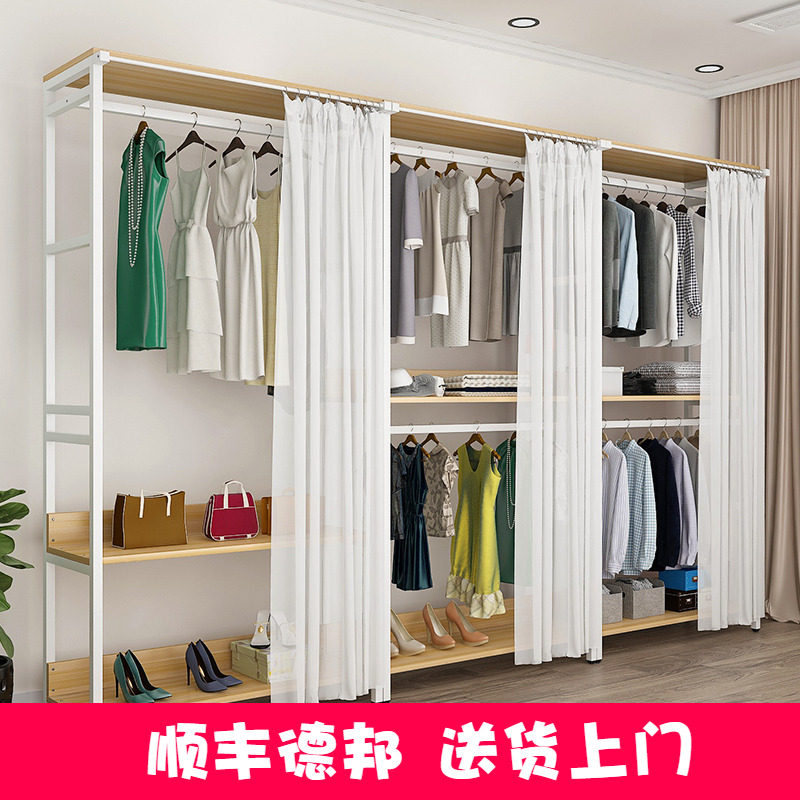 卧室落地衣柜金属衣帽间家用多功能置物展示架中式新X款双层挂衣
