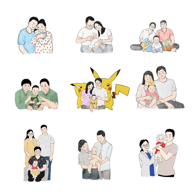 全家福绘画水彩照片转手绘卡通头像定制家人情侣结婚请柬画像礼物