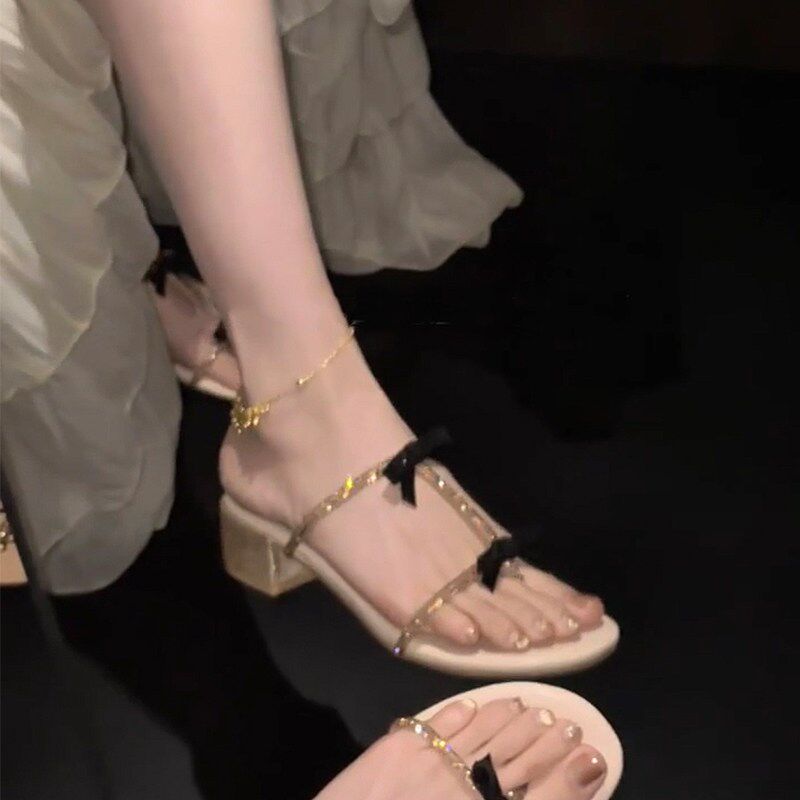 rc粗跟水钻蝴蝶结拖鞋女甜美仙女风一字带平跟半拖高跟凉鞋女夏季