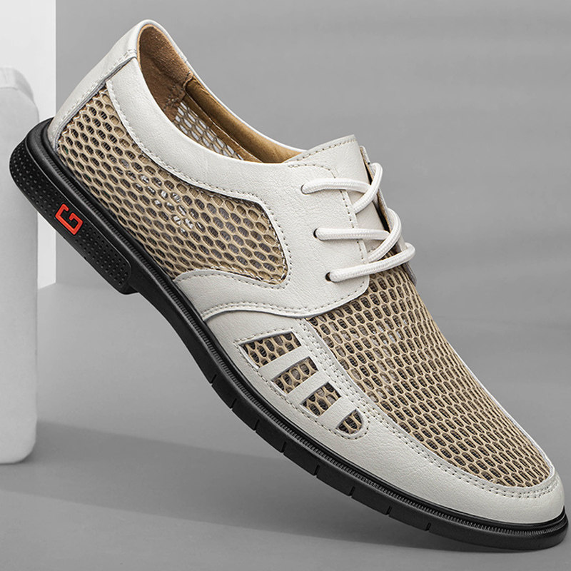 夏季网面透气男鞋镂空尖头皮鞋软底轻便系带薄款男士休闲商务网鞋