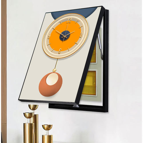 电表箱装饰画带钟表免打孔竖版配电F箱装饰画遮挡钟表画铝合金框