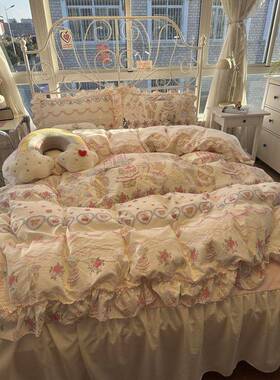 韩版单公主可风纯棉床裙四件套爱少女心床被套HVY亲肤宿三件舍套