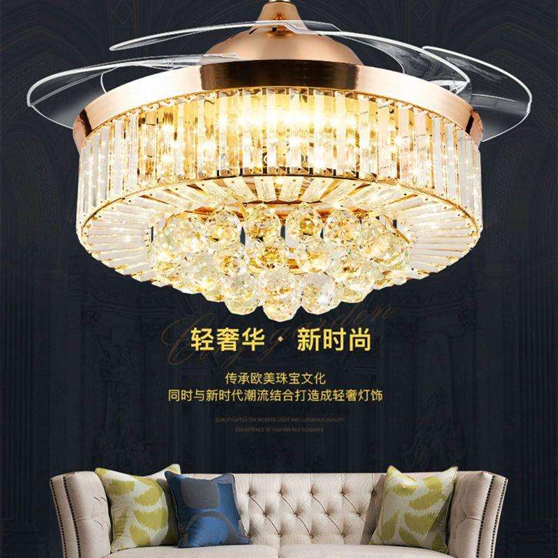 客水晶隐风扇灯厅卧室厅欧式餐现代形简约风轻奢静音智能吊灯个性