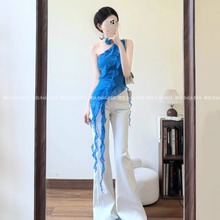法式甜辣妹荷叶边飘带斜肩无袖波点背心女修身显瘦不规则雪纺上衣