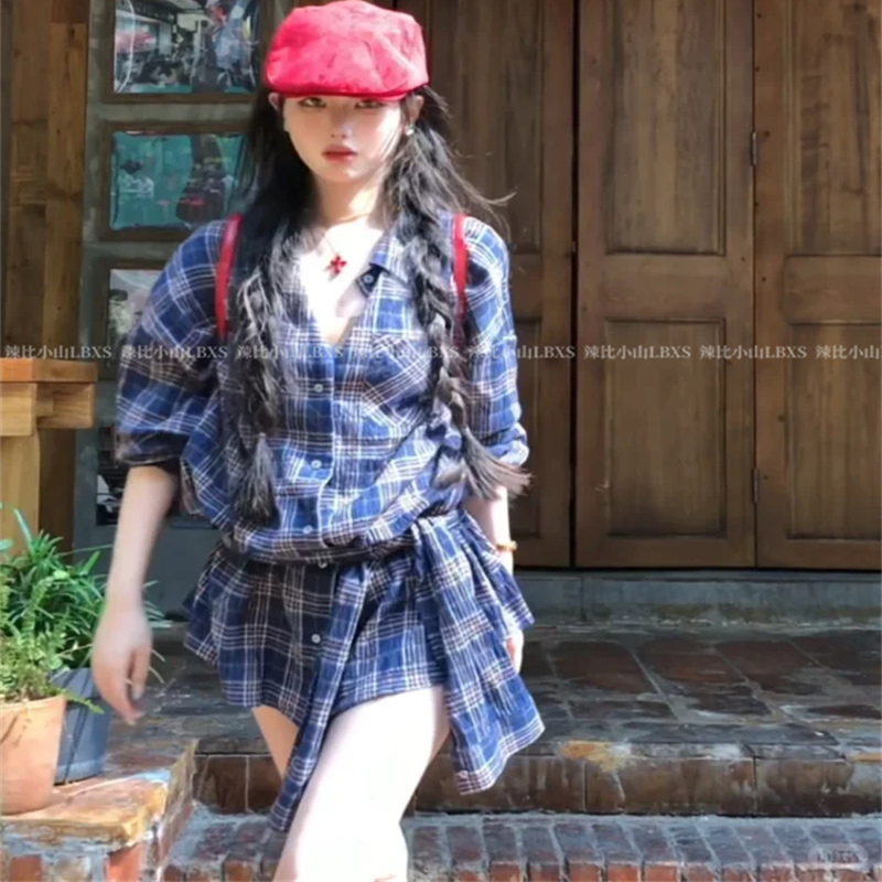 复古慵懒风格子POLO领衬衫连衣裙女春季收腰显瘦度假风A字短裙子