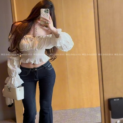 韩系辣妹风蕾丝花边系带一字肩衬衫女装秋季修身短款气质百搭上衣