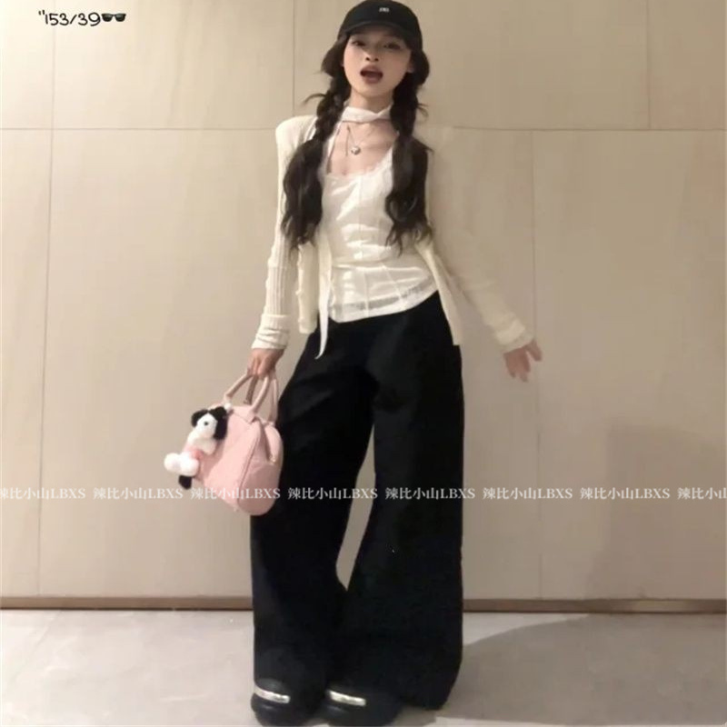 韩系ins风甜辣妹蕾丝收腰吊带背心叠穿防晒长袖针织开衫女两件套