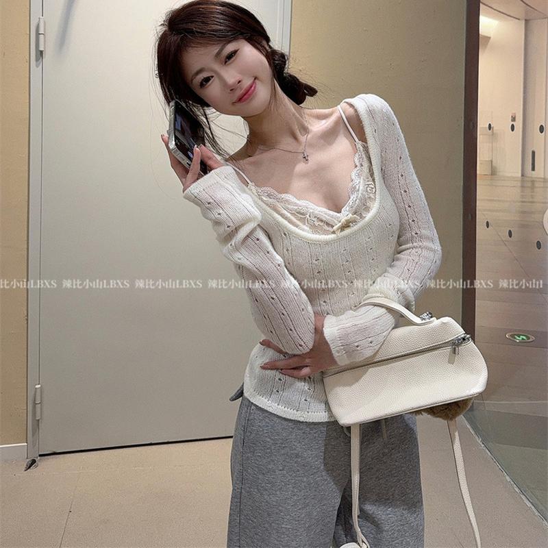 法式甜辣纯欲风方领长袖镂空针织衫叠穿蕾丝吊带背心上衣女两件套