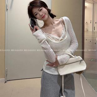 叠穿蕾丝吊带背心上衣女两件套 镂空针织衫 法式 甜辣纯欲风方领长袖