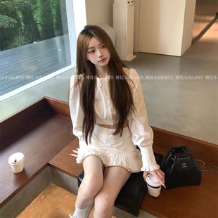 女夏季 法式 衬衫 短款 高腰荷叶边包臀半身短裙两件套 纯欲风圆领长袖