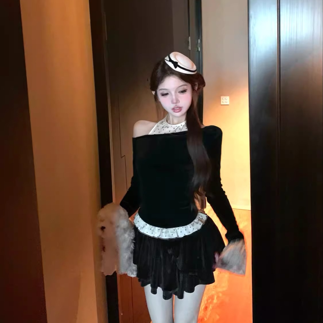 富家千金波点拼接长袖上衣粉色披肩女2024秋冬丝绒半身裙子三件套