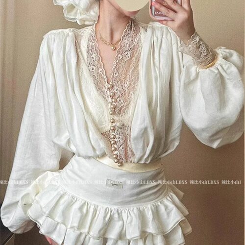 法式纯欲超仙绝美蕾丝拼接长袖衬衫女春季高腰绑带半身短裙两件套