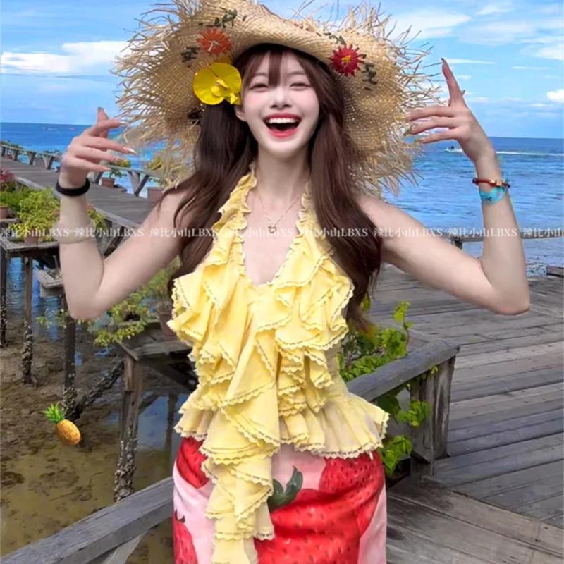 度假风穿搭甜辣纯欲风荷叶边挂脖背心女夏季高腰印花半身裙两件套