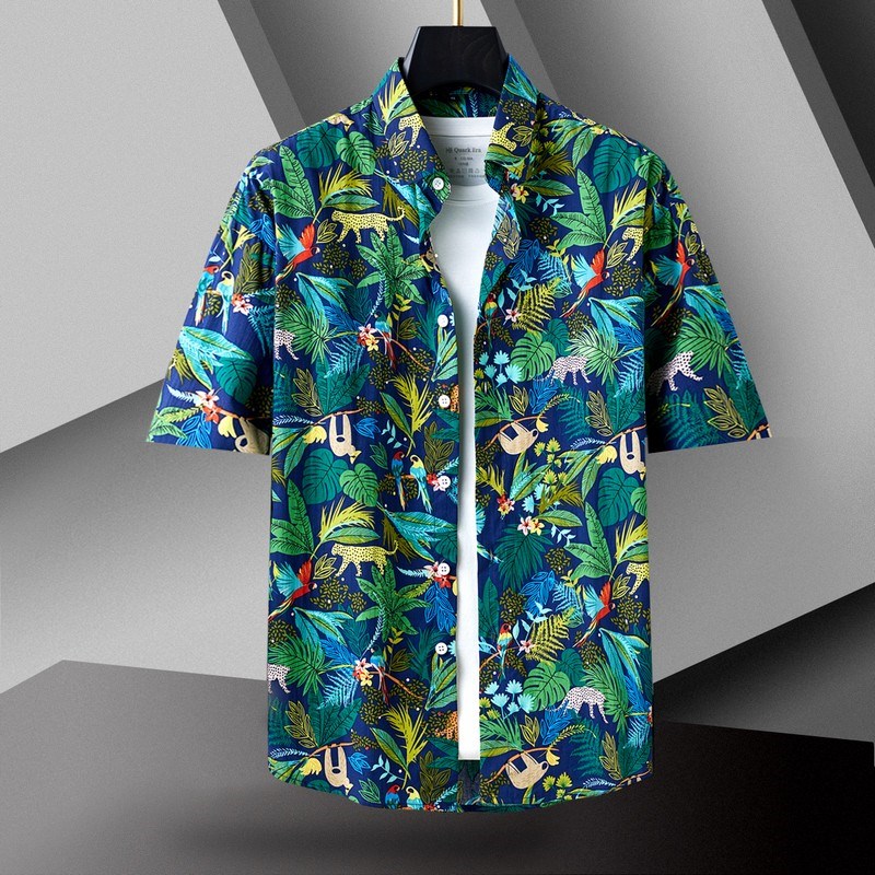 海边度假旅游衬衫男女中性沙滩夏威夷海岛花衬衣大码透气纯棉上衣