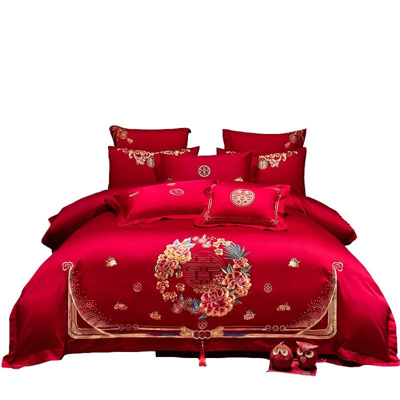 新中式花卉100S长绒棉四件套婚庆纯棉全棉结婚床盖款被套新婚床品
