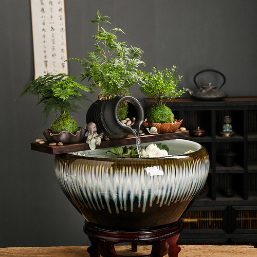 陶瓷罐开口循环流水配件生态鱼缸古法庭院花园造景装饰品摆件过滤