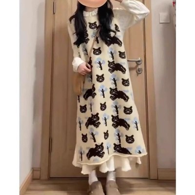 森系卡通猫咪背心连衣裙大码圆领提花叠穿连衣裙俏皮可爱针织裙女