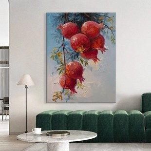 新中式纯手绘油画肌理画红色石榴客厅餐厅装饰画多子多福玄关挂画