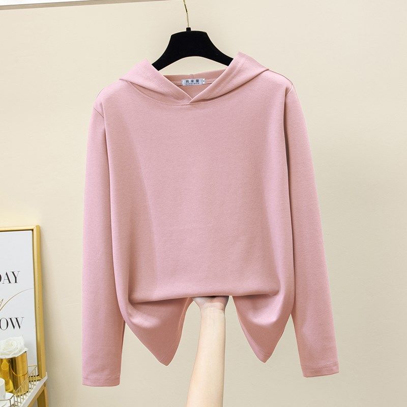 2024新款春秋白色连帽长袖t恤女薄款宽松大码带帽卫衣夏纯棉帽衫