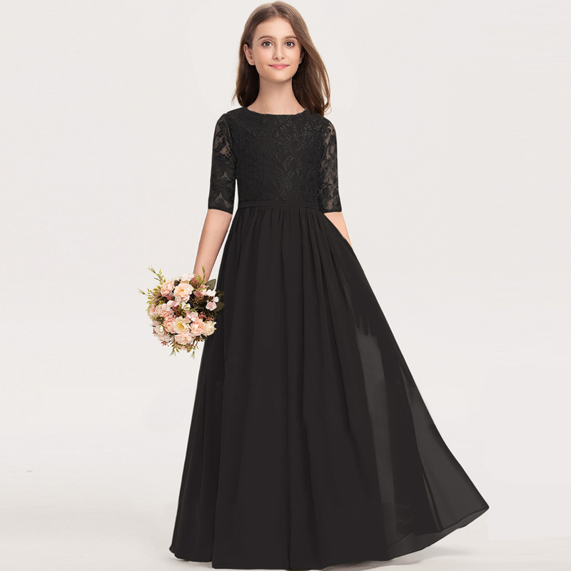 高端齐地女儿童钢琴长款黑色舞台礼服古筝大小提琴演奏表演服蕾丝