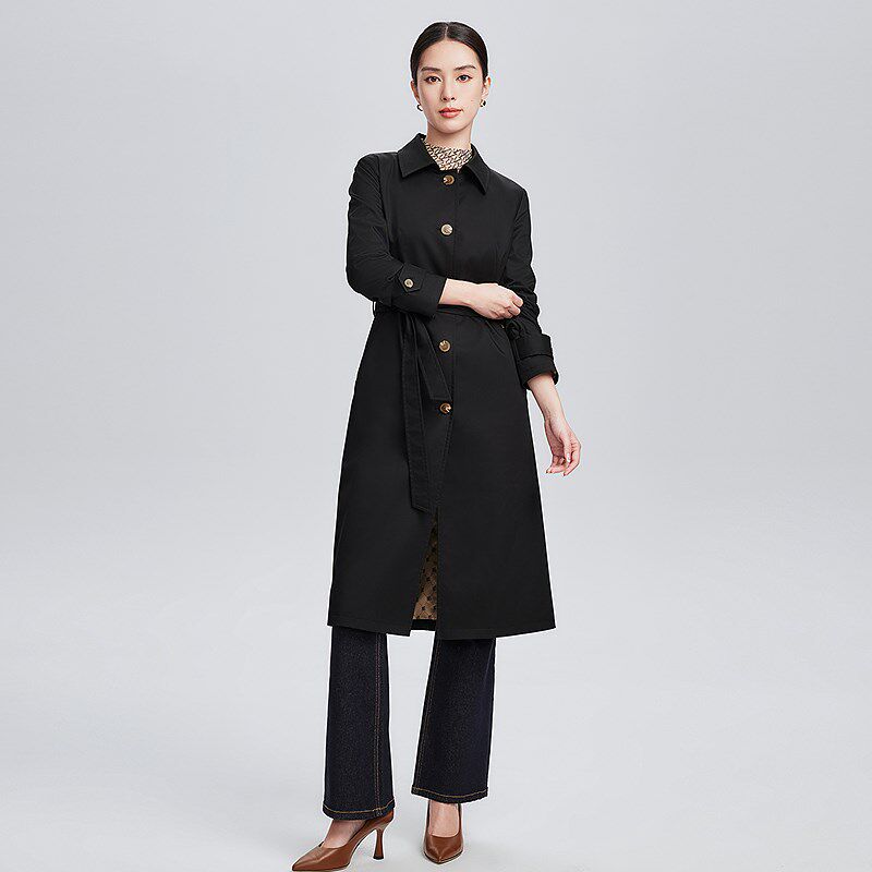 赢智尚风衣春季新款高支面料职场显瘦衬衫式黑色系带长款风衣外套