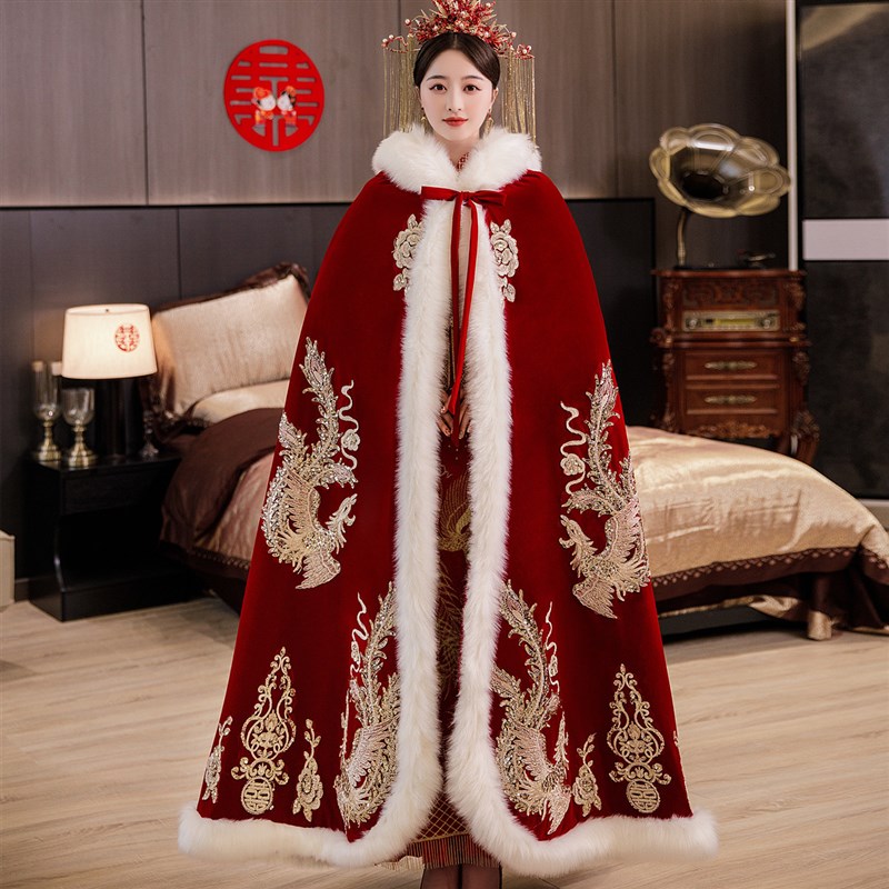 汉服秀禾古风古装女披风秋冬款中国风加厚新娘斗篷加绒红色长款