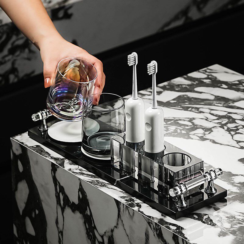 高奢水晶电动牙刷置物架小户型卫生间洗漱台情侣牙杯牙具收纳托盘