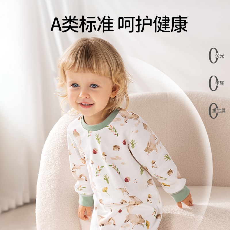 欧孕宝宝睡衣儿童家居服2024春秋纯棉透气防着凉长袖连体衣男女孩