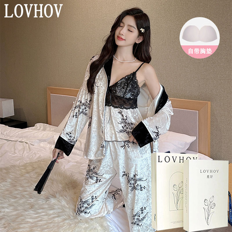 鹿好金丝绒睡衣性感吊带礼盒套装